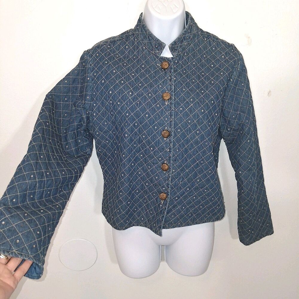 100% Cotton Quilted Beaded Embellished Jacket Sz S Retro Glam Eclectic Grandma